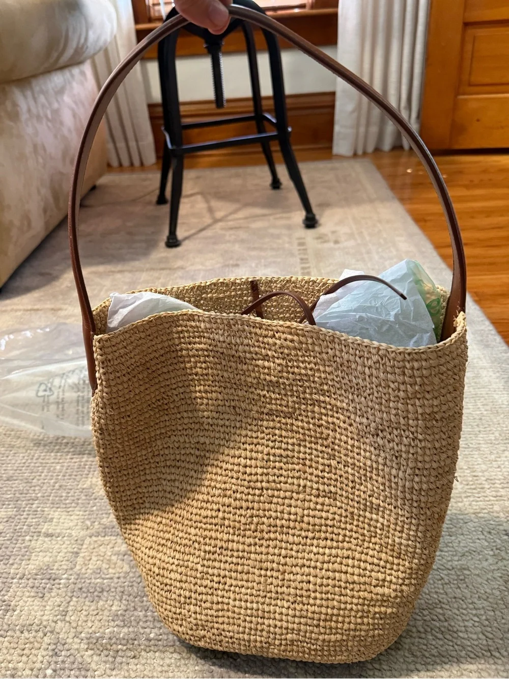 J. Crew Berkeley handknotted bucket bag in raffia - English Saddle Natural